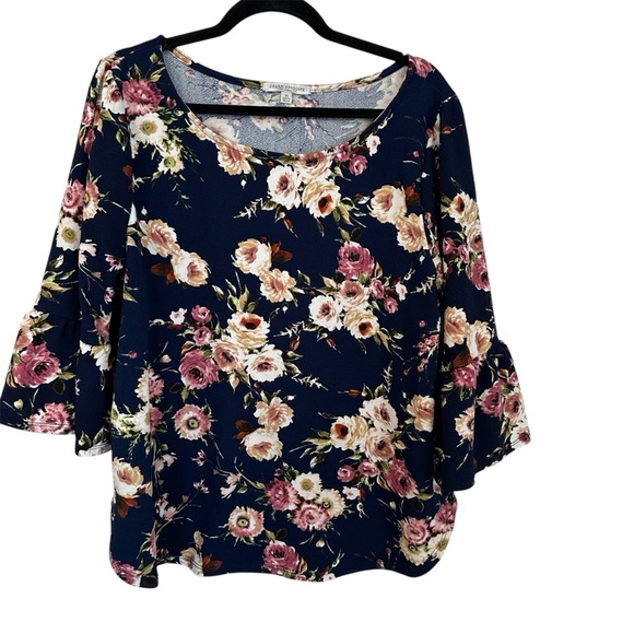 Green Envelope Women’s 3/4 Ruffle Sleeve Scoop Neck Floral Top Sz 1X GUC - Picture 1 of 7